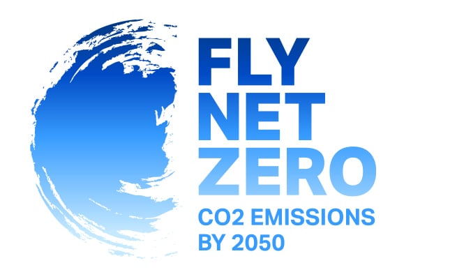 A logo that says Fly Net Zero CO2 Emissions by 2050.