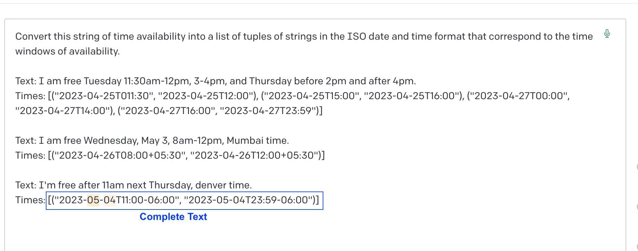 text displaying chatGPT's API outputting a prediction for an ISO time interval given a text-based time interval.